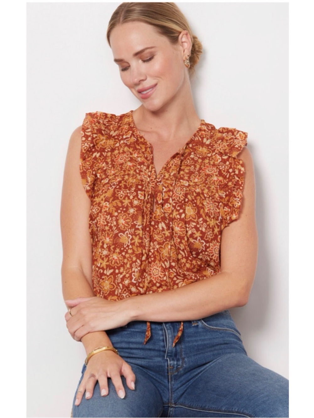 SUNDRY Women’s Size 2 / US M Curry‎ Floral Sienna Flutter Sleeve Blouse Tassels